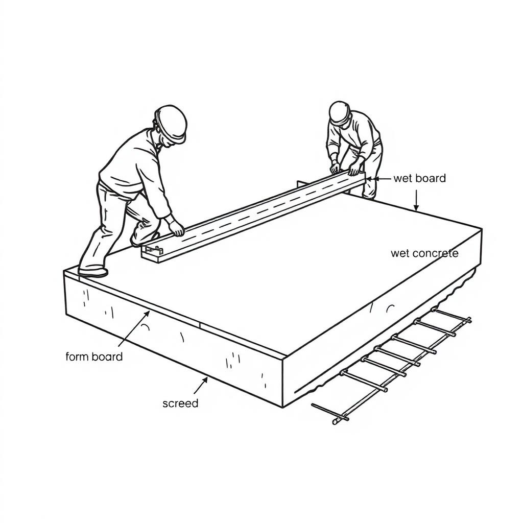Diagram of workers screeding a freshly poured concrete slab flat with a straightedge across form boards