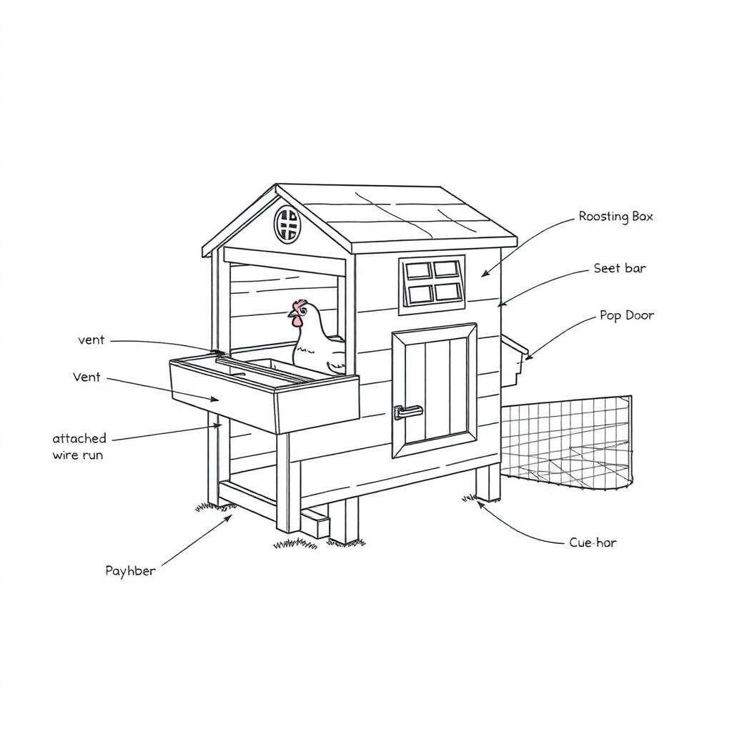 Cutaway diagram of a chicken coop showing nesting box, roosting bar, ventilation vent, pop door, and attached wire run