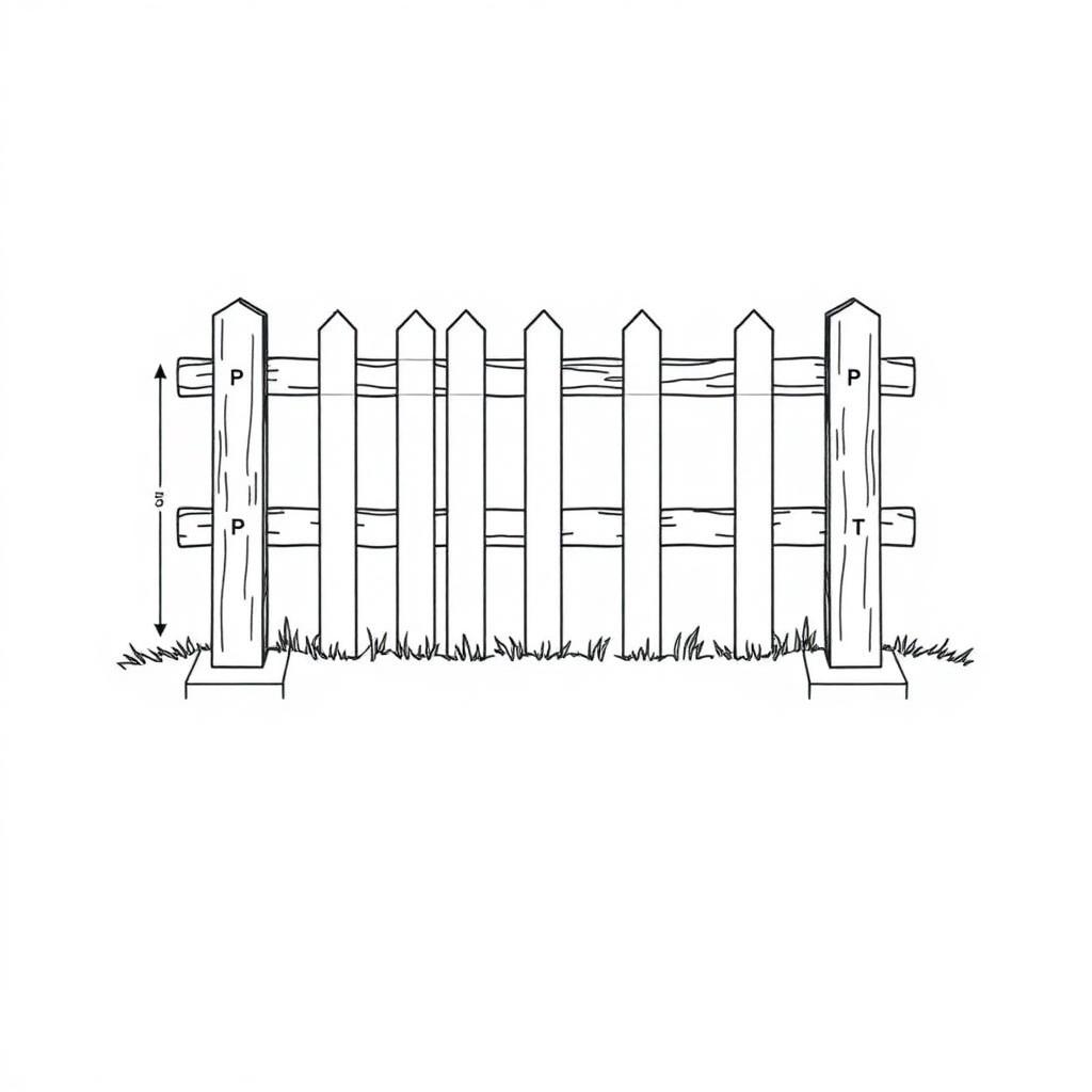 Diagram of a fence section with posts set in concrete footings, horizontal rails, and vertical pickets