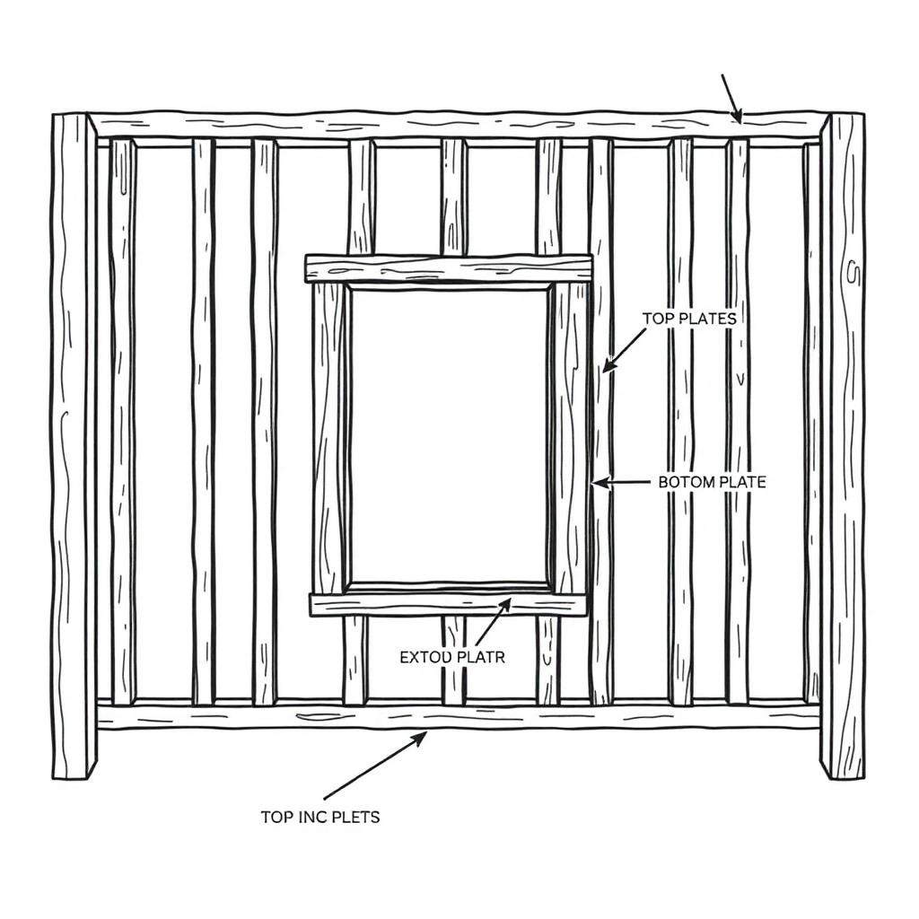 Diagram of a wood-framed wall showing studs, top and bottom plates, and a window rough opening with header
