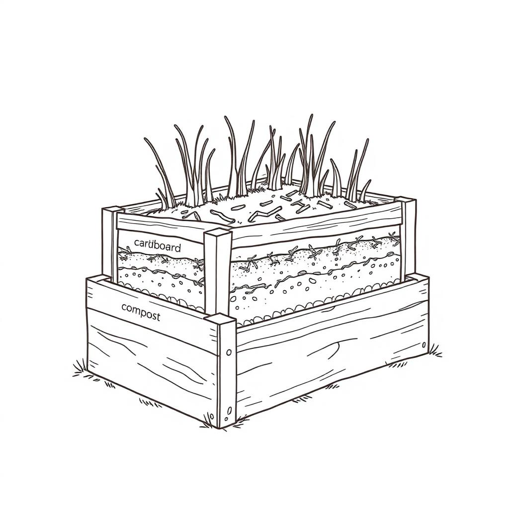 Cross-section diagram of a raised garden bed layered with cardboard, wood, compost, and topsoil