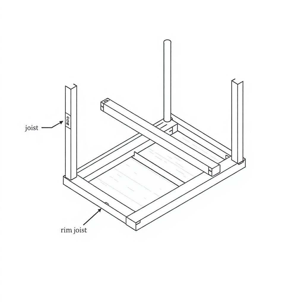 Isometric diagram of floor joists spanning between beams with labeled joist hangers, rim joist, and subfloor