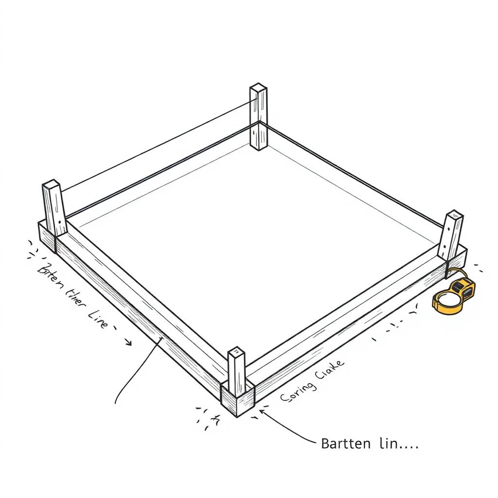 Diagram of batter boards and string lines used to lay out a rectangular footprint on the ground