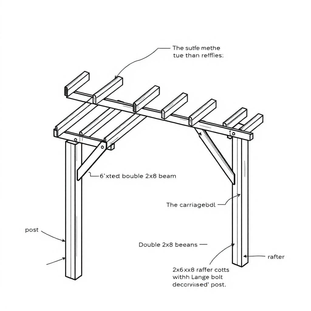 Isometric diagram of a pergola frame with labeled posts, double beams bolted to posts, and rafters on top