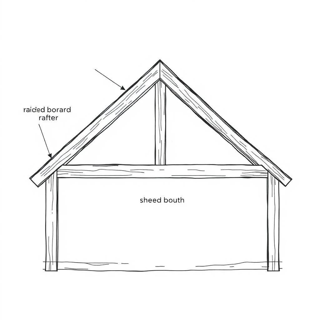 Diagram of a gable roof frame with labeled ridge board and rafter with birdsmouth cut sitting on the top plate