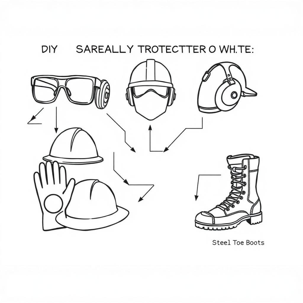 Diagram of personal protective equipment: safety glasses, hearing protection, hard hat, gloves, and steel-toe boots
