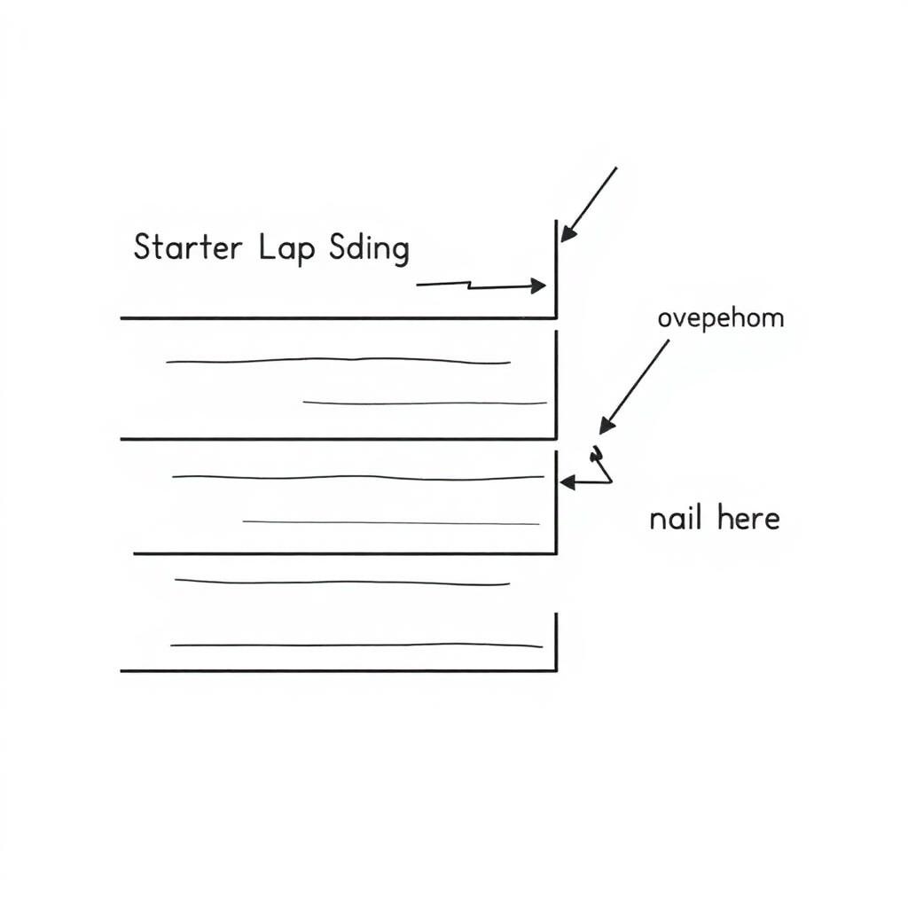 Diagram of horizontal lap siding installation showing starter strip, overlap, and nail placement